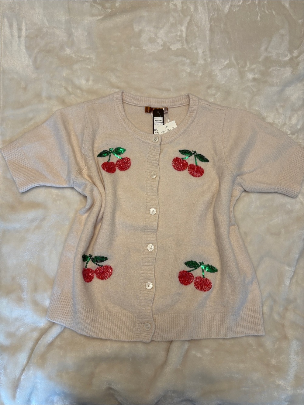 Cream Short-Sleeve Cardigan with Sequin Cherry Accents